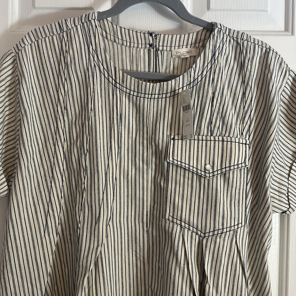 NWT Pilcro Short-Sleeve Denim Mini Swing Dress XSP cream navy stripe - Picture 4 of 6